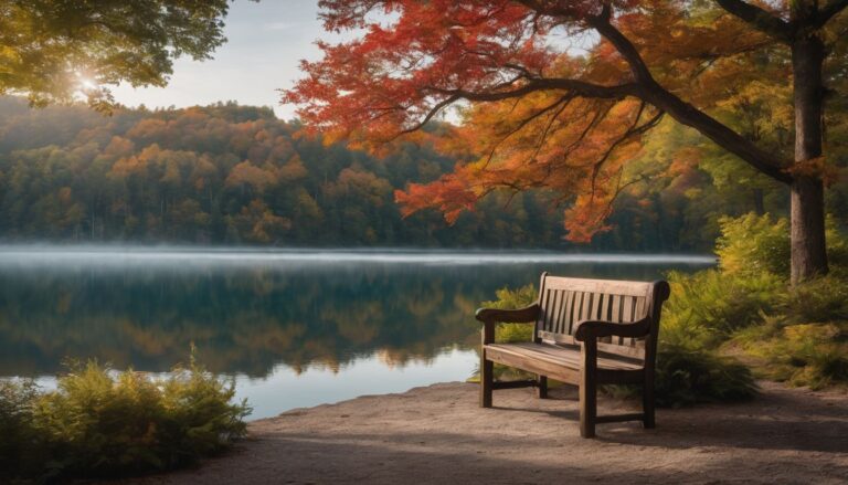 A peaceful lakeside retreat with vibrant foliage and a solitary bench. Where to Retire as a Single Woman