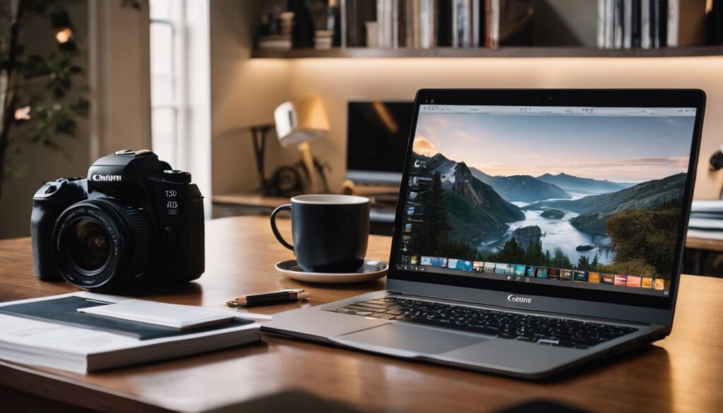 A home office desk with a laptop, stack of books, and cityscape photography in the background. affiliate marketing vs amazon fba