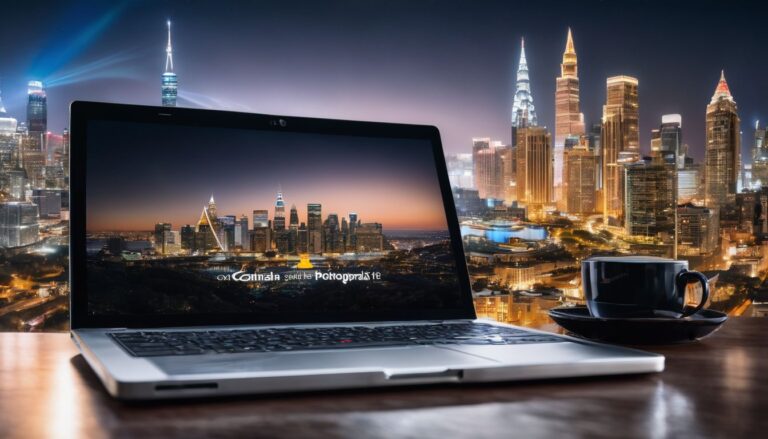 A laptop surrounded by cityscape photography in a bustling atmosphere. amazon storefront vs affiliate