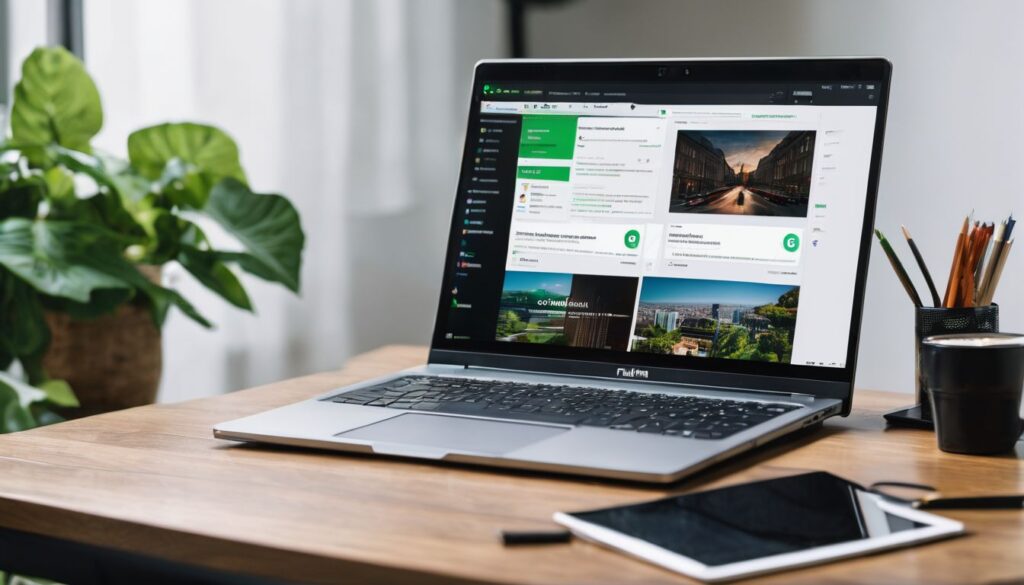 A laptop with Upwork vs Fiverr on the screen surrounded by office supplies and technology.