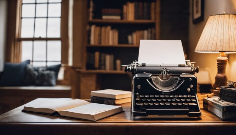 A vintage typewriter on a wooden desk in a cozy home office, captured in a bustling and well-lit atmosphere. Fiverr Gig Title