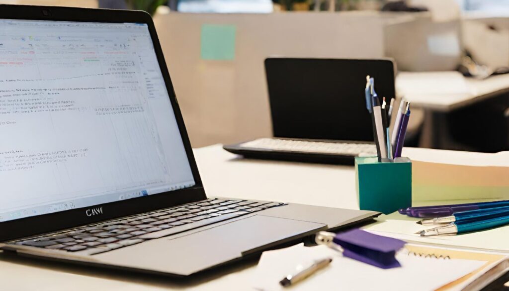 A laptop, an open notebook, and a pen in a bustling office atmosphere. Fiverr Alternatives