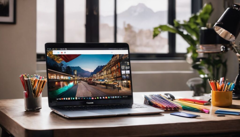 A desk with a laptop and colorful pins, surrounded by office supplies, in a bustling atmosphere. Pinterest Affiliate Links