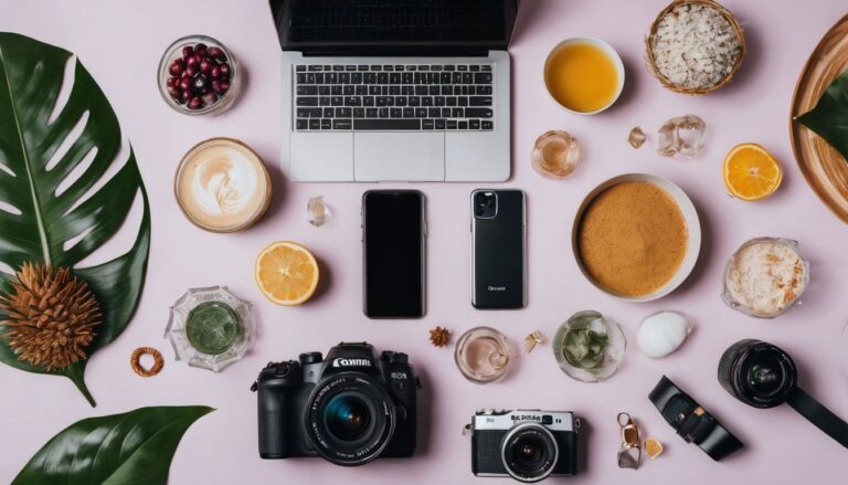 A vibrant flat lay of Pinterest affiliate marketing items and nature photography.