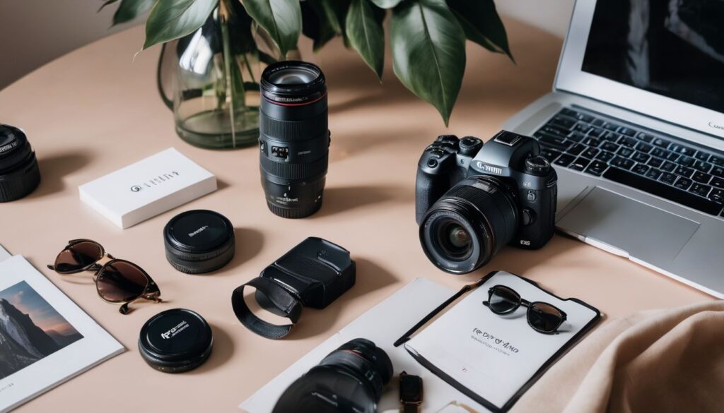 A flatlay of affiliate marketing products in a nature-themed background with photography and media-related elements. affiliate marketing on pinterest