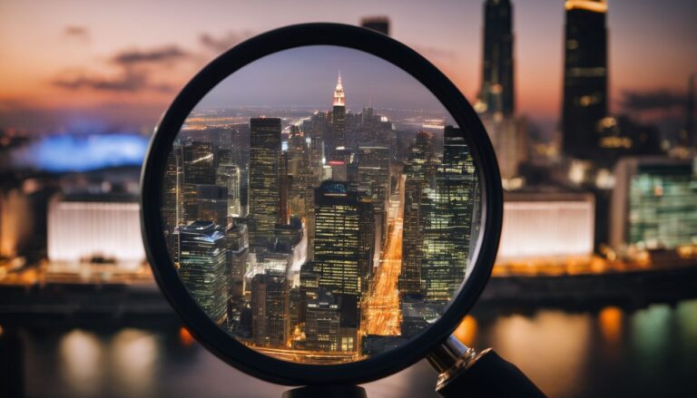 A magnifying glass against a background of city views. Fiverr Reviews