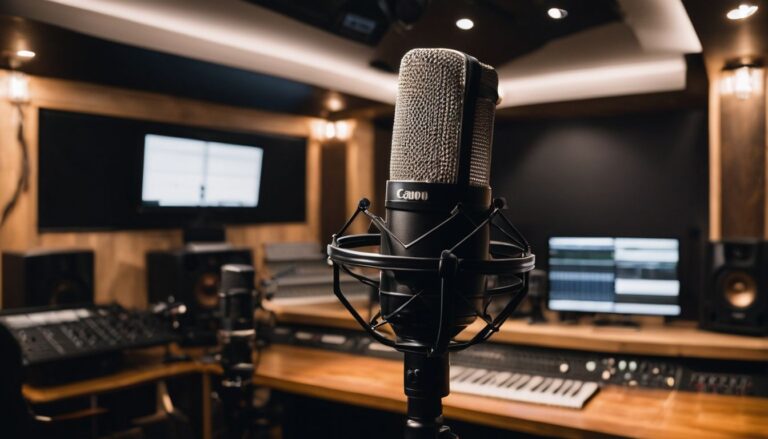 A professional recording studio with a microphone surrounded by soundproof panels and bustling atmosphere. Fiverr Voice Over