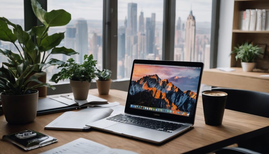 A well-stocked desk in a bustling city office, surrounded by plants and featuring a laptop, notebook, and coffee. Alternative to Fiverr