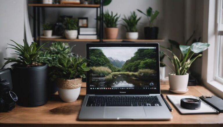 A cozy home workspace with a laptop, notebook, and plants, surrounded by cityscape and photography to work on Fiverr Jobs.