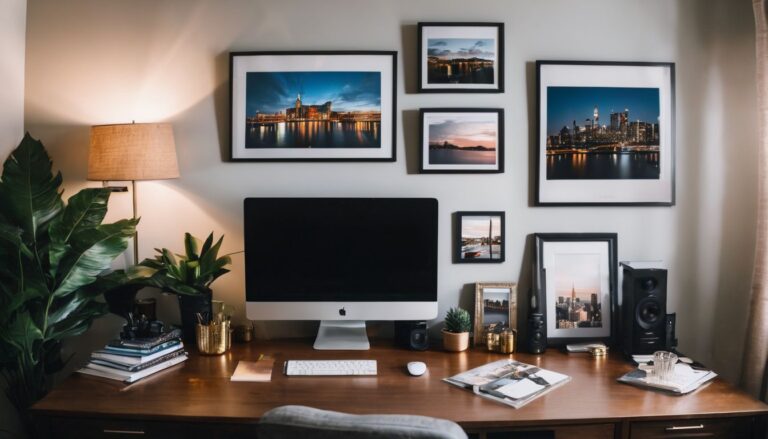 A well-designed home office showcasing a variety of Zazzle products and cityscape photography. Zazzle Affiliate Program